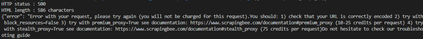 The ScrapingBee HTTP 500 error message stating that the request is not charged