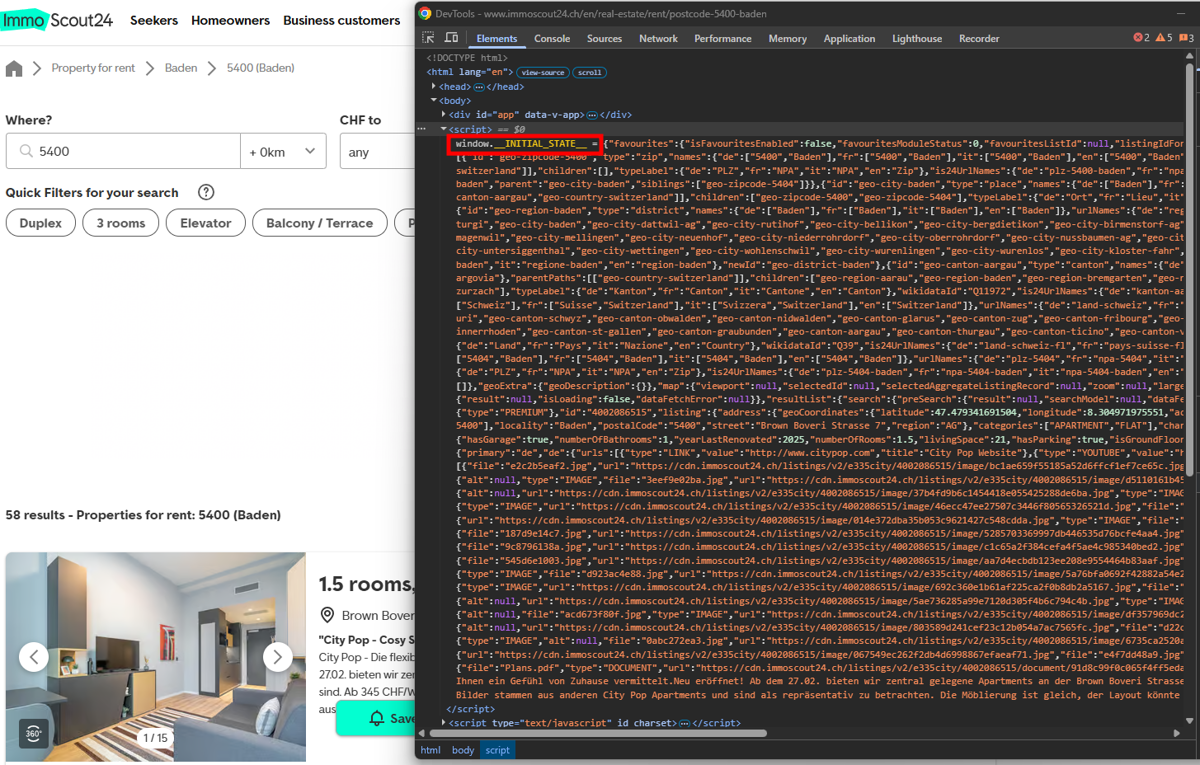 The initial state script element highlighted in Chrome DevTools on the Immoscout24.ch results page