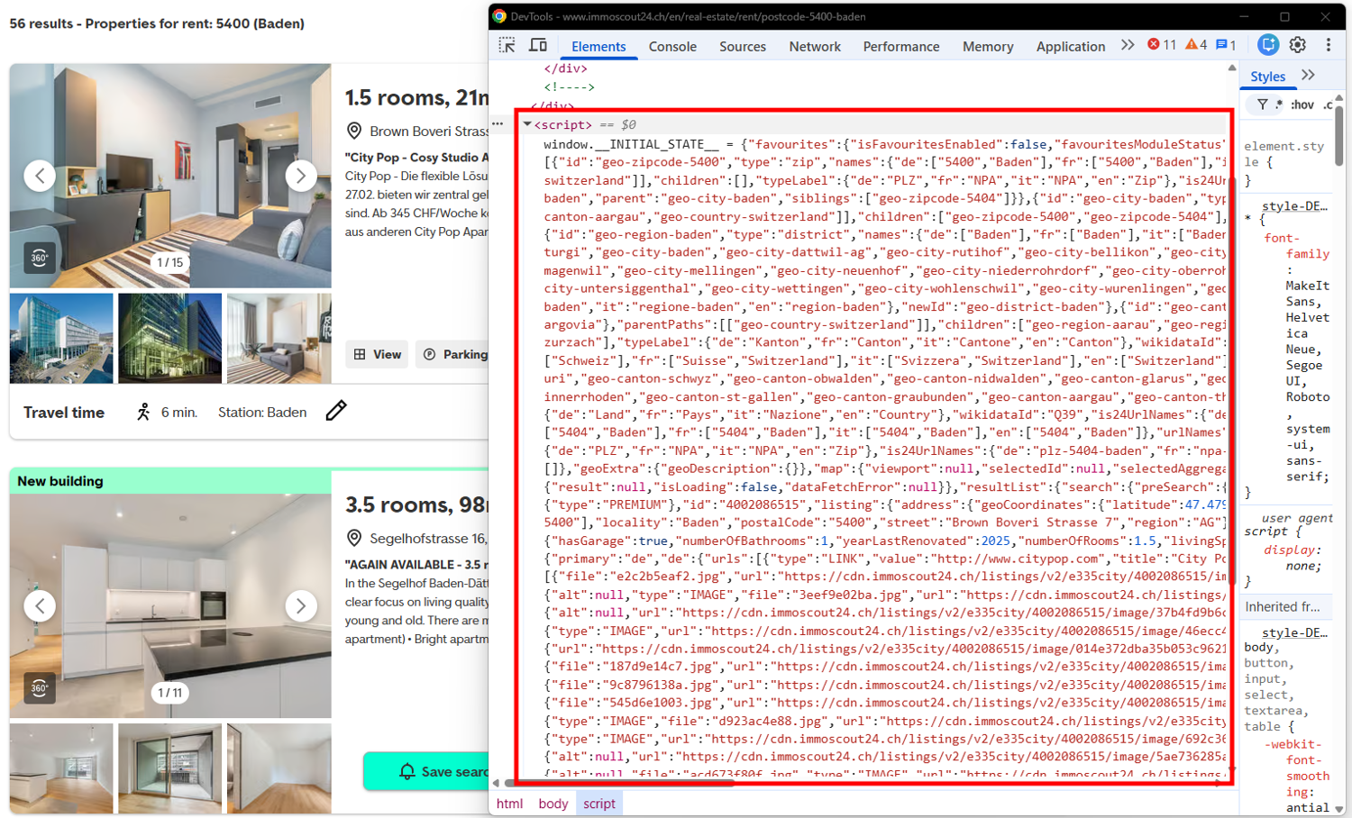 Chrome DevTools showing the script tag with the initial state JSON on the Immoscout24.ch results page