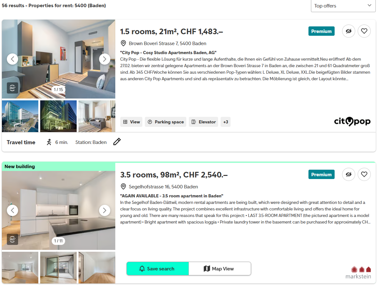 Immoscout24.ch search results for properties to rent in 5400 Baden