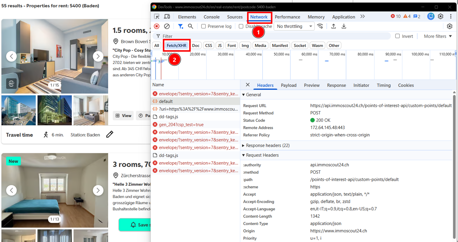 Chrome DevTools Network tab filtered to Fetch/XHR showing background API calls on Immoscout24.ch