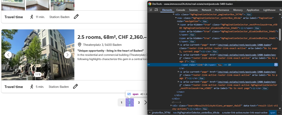 The pagination links on the Immoscout24.ch results page inspected in Chrome DevTools