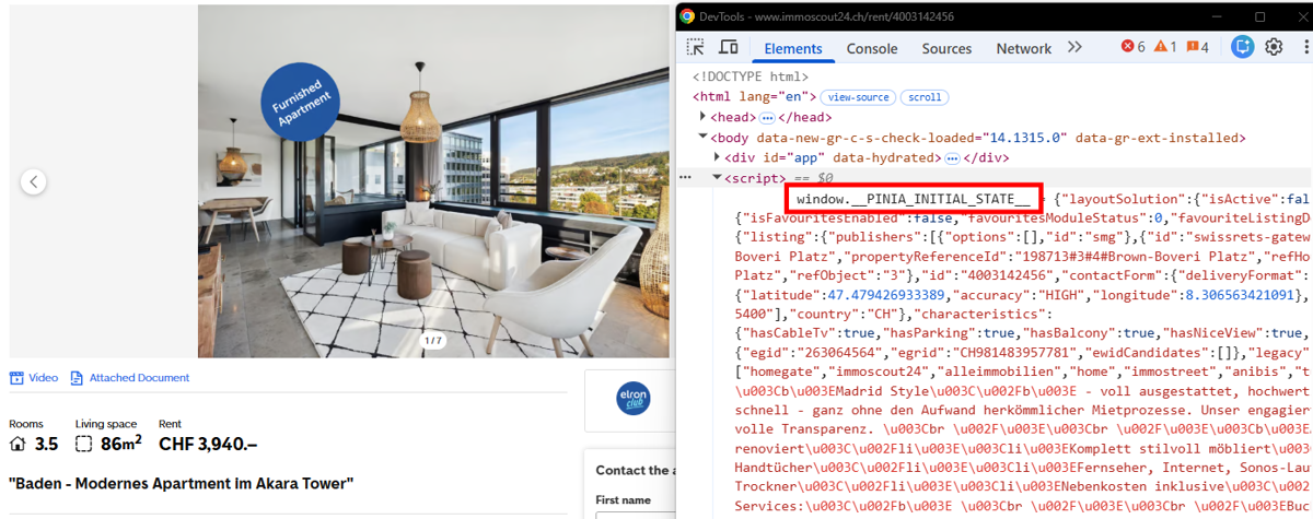 Chrome DevTools showing the embedded JSON state object on an Immoscout24.ch property page
