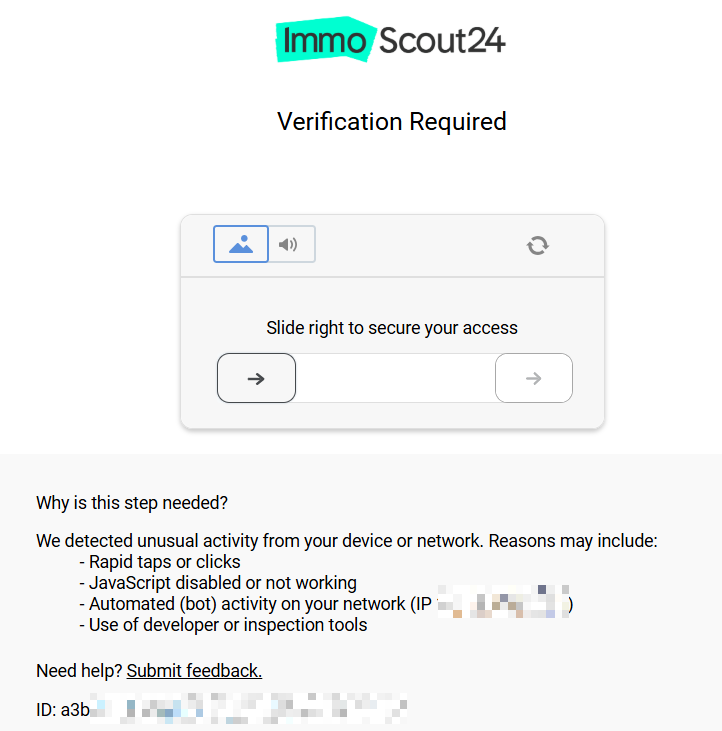 Slider CAPTCHA shown by Immoscout24.ch after the first verification