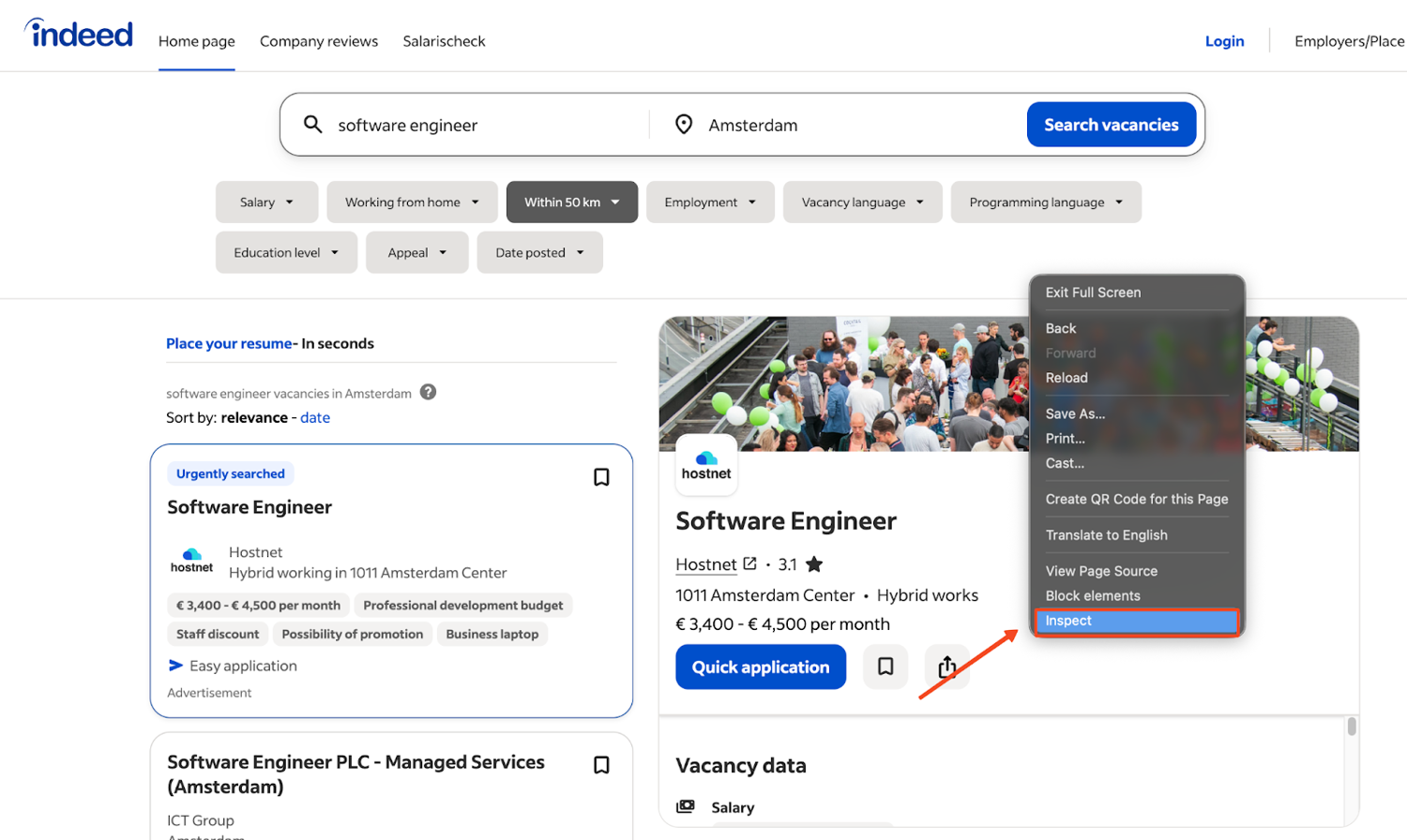 Indeed job search results page in Chrome DevTools