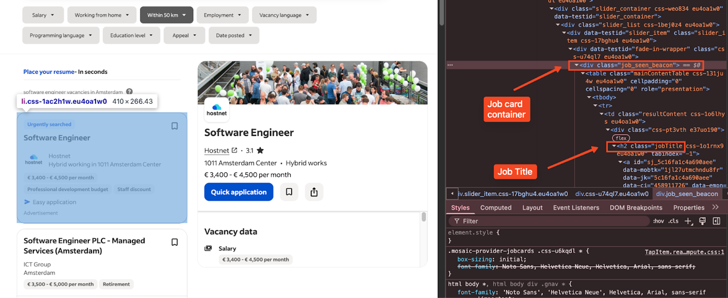 Indeed job card HTML structure showing job_seen_beacon div