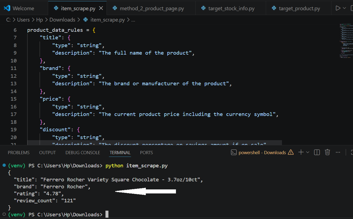 Output image showing scraped product fields extracted using ai_extract_rules parameter