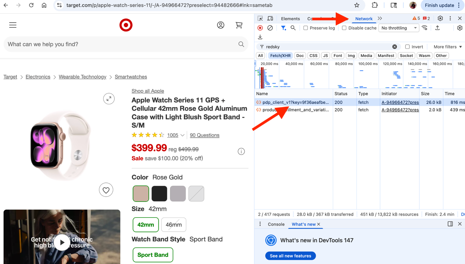 Browser DevTools Network tab showing the RedSky API request that powers a Target product page.