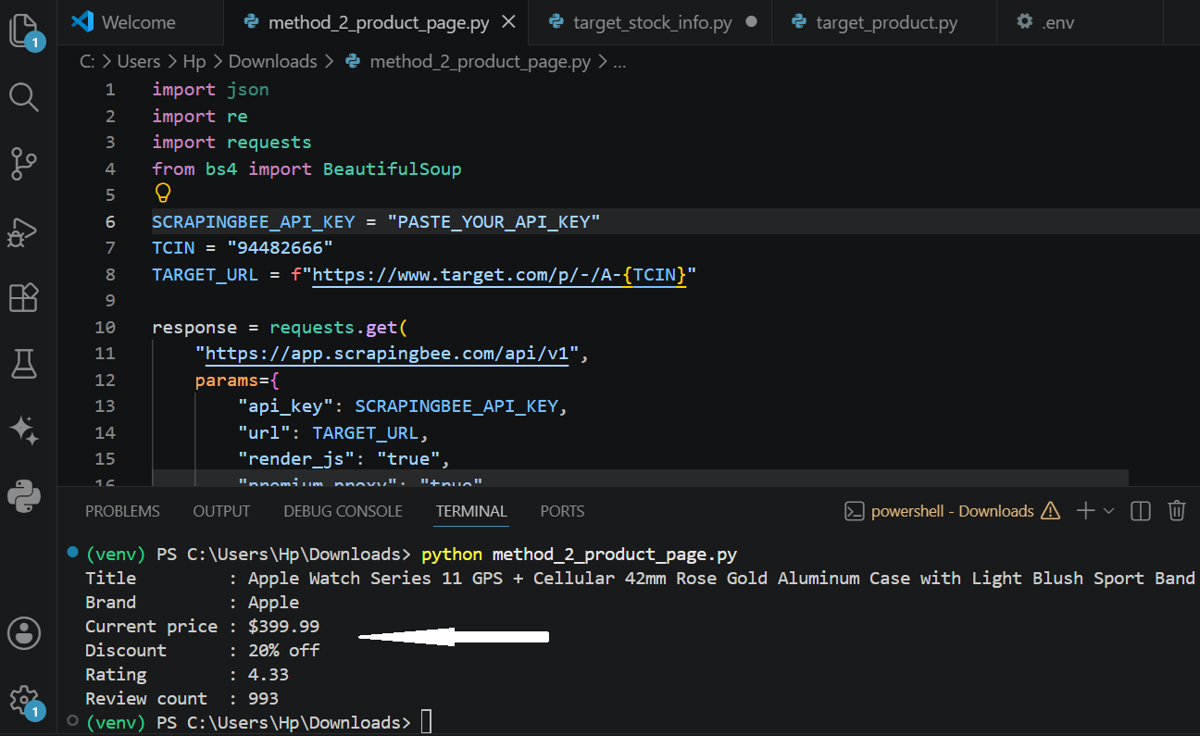 Output image showing scraped product fields extracted by rendering the Target page and parsing the HTML