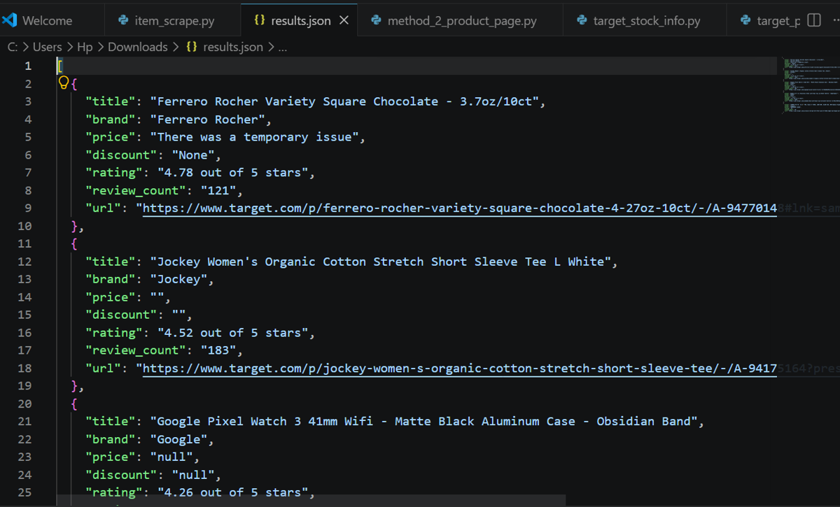 Scraped JSON output showing product details across multiple Target TCINs
