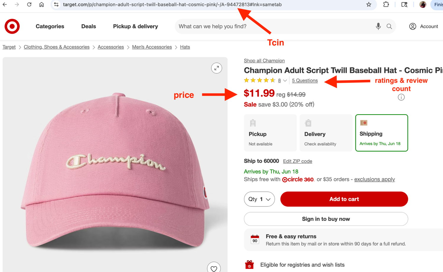Target product page showing the TCIN in the URL and the data fields to scrape.