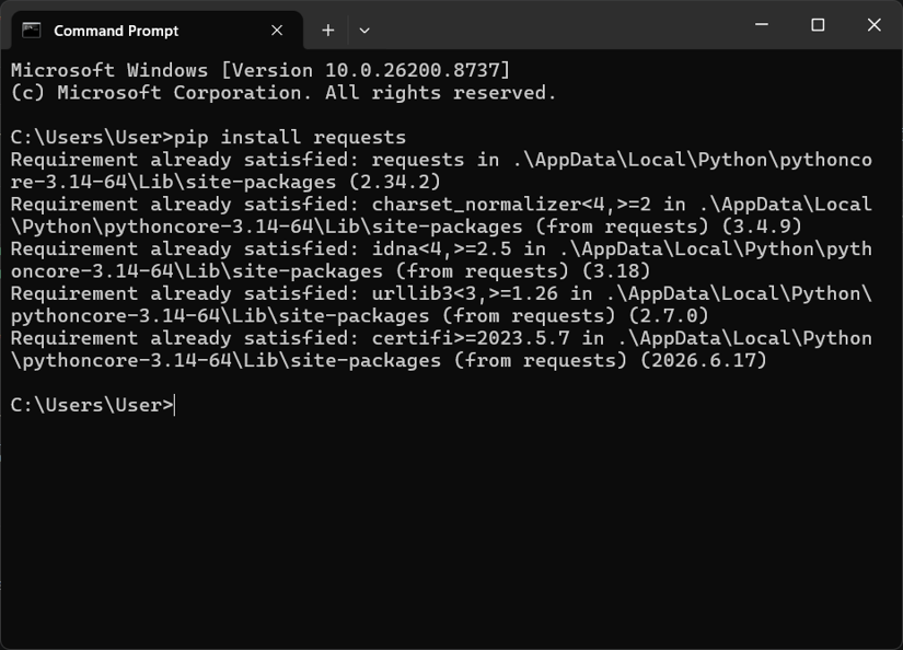 Terminal output of requests installation