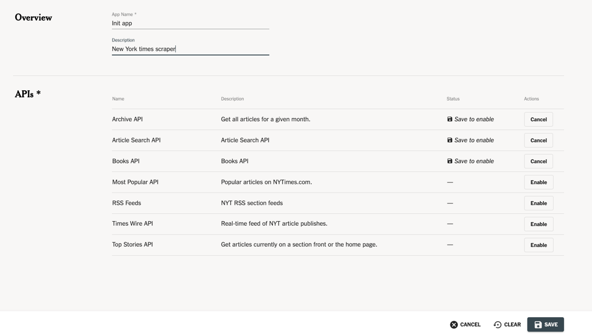 Enabling APIs for an app in the New York Times Developer portal