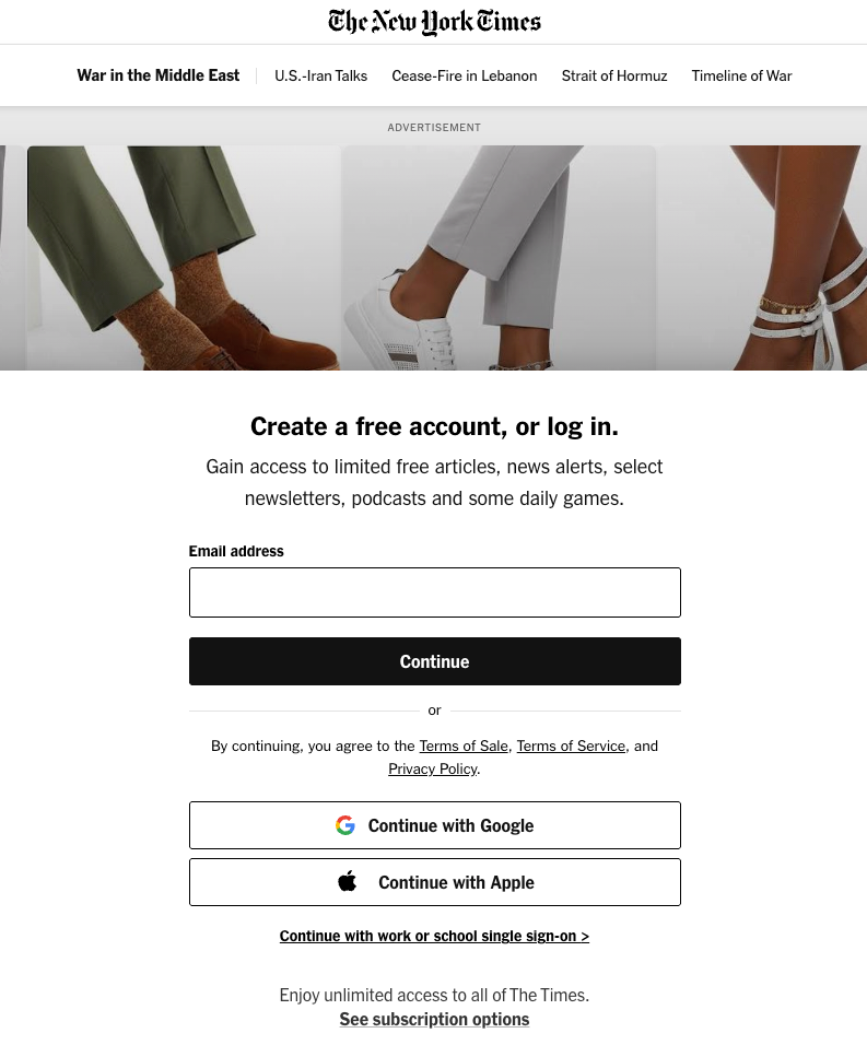 New York Times article paywall prompt