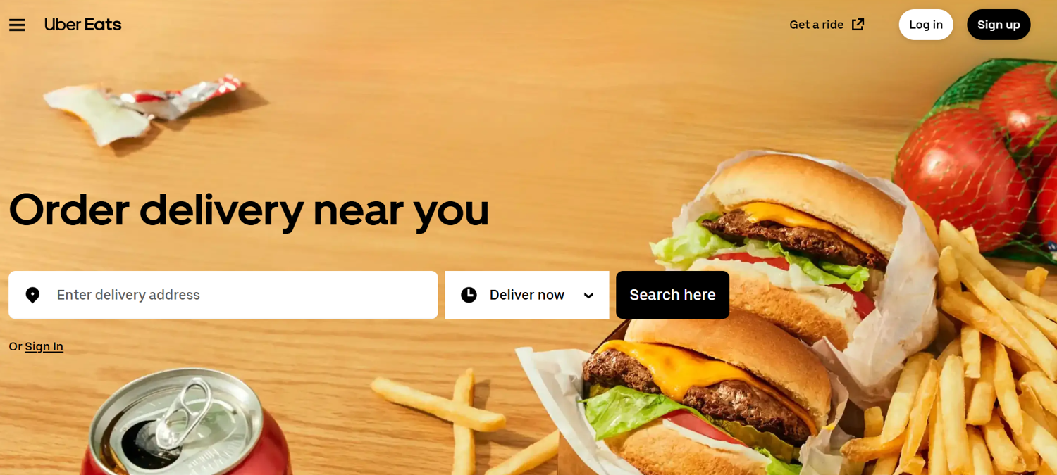 Uber Eats homepage asking for a delivery address before any restaurants are shown