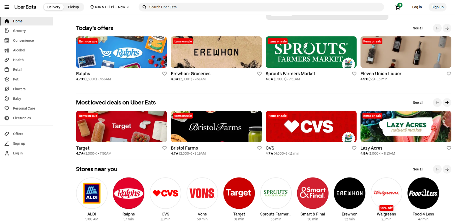 Uber Eats store listings displayed after a delivery address has been set