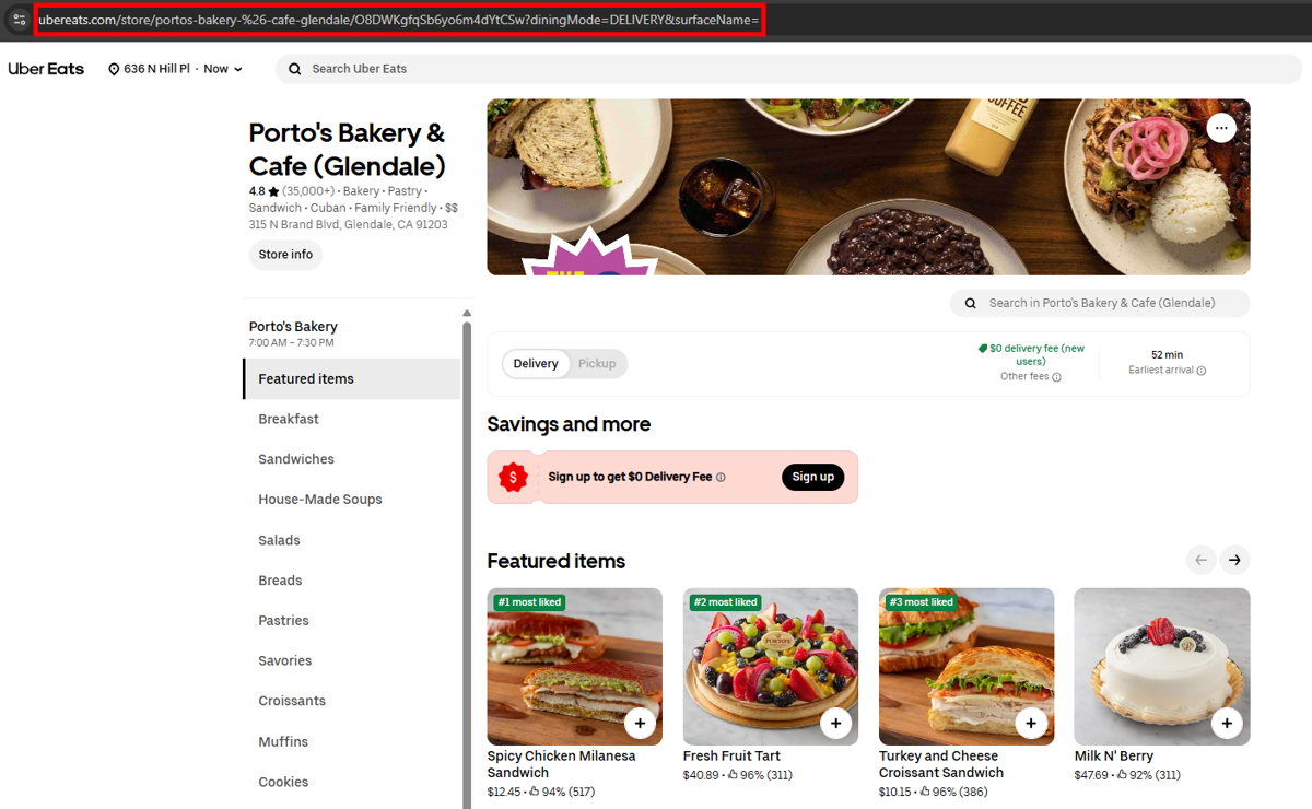 An Uber Eats restaurant page with the store URL highlighted in the browser address bar