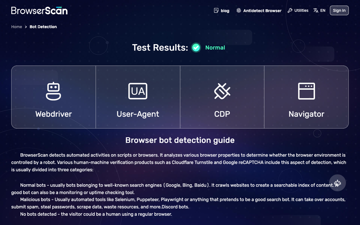 BrowserScan bot detection page reporting Normal for Camoufox