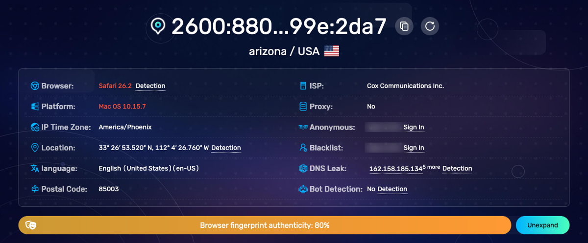 BrowserScan result through a US residential proxy with 80% fingerprint authenticity