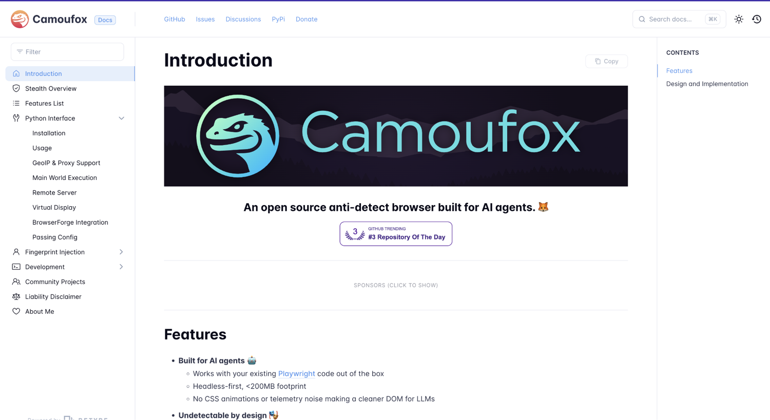 Camoufox documentation introduction page