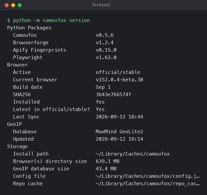 Output of python -m camoufox version showing camoufox 0.5.6 and browser v152.0.4-beta.30