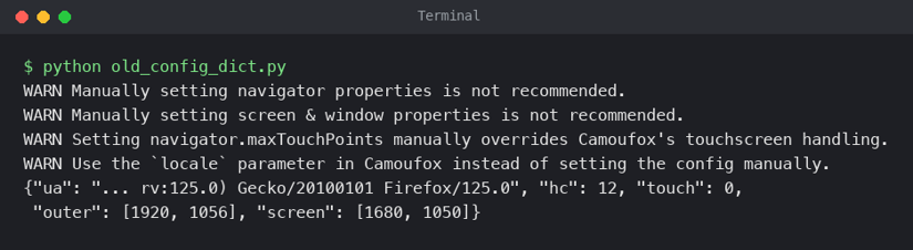 Camoufox warnings printed for a hand-written config dictionary