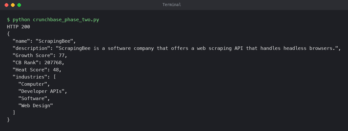 Crunchbase company profile extracted as JSON with HTTP 200