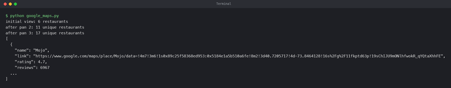 Google Maps scraper output after panning the map north