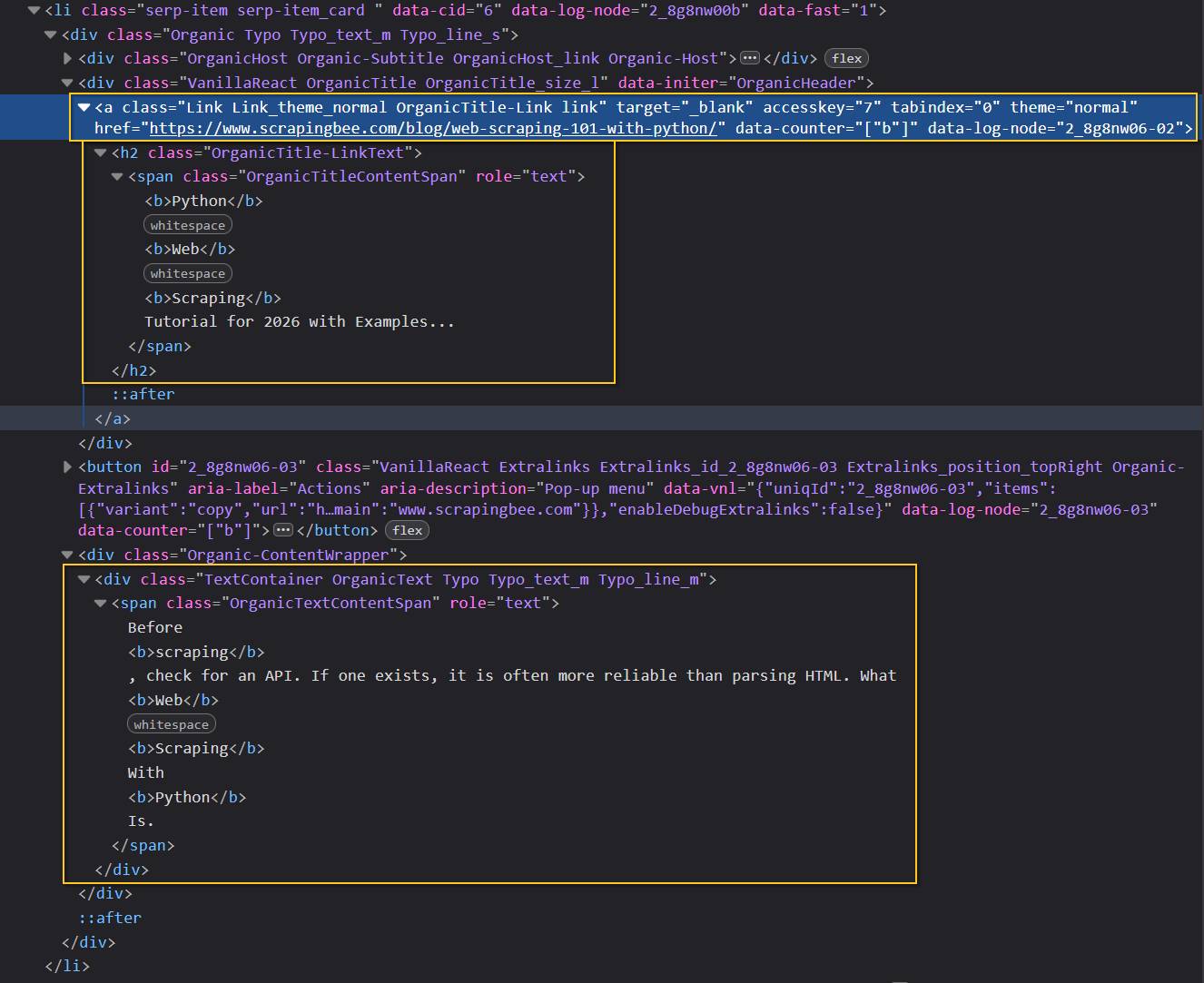 Anatomy of a Yandex organic search result