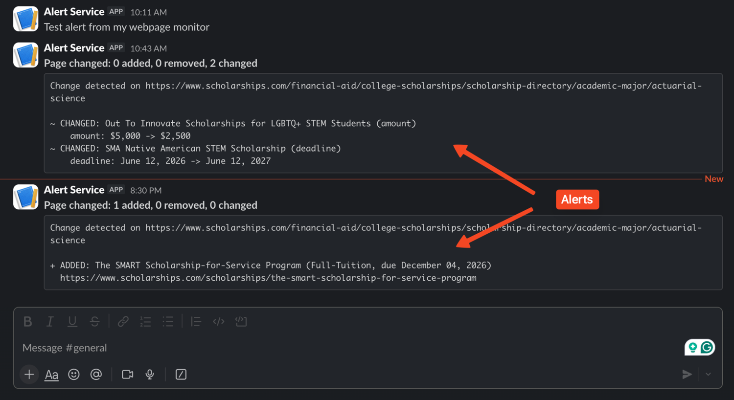 Webpage change alert posted to Slack