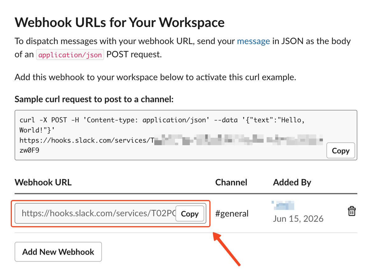 Copy the Slack incoming webhook URL