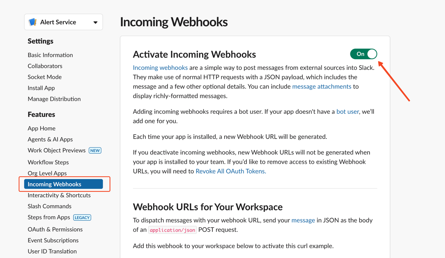 Name the Slack app and pick a workspace