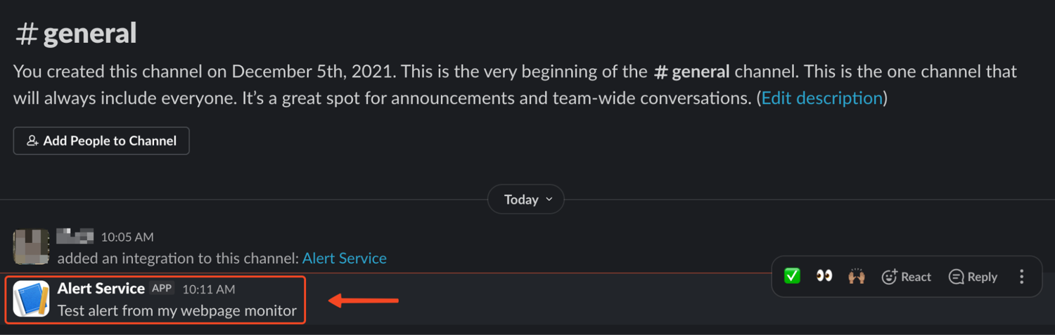 Test alert message appearing in the Slack channel