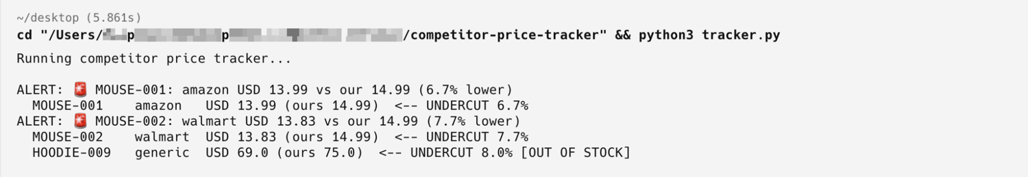 tracker.py output in the companion repo: the two in-stock undercuts each print a rotating-light ALERT line, while the out-of-stock row is flagged but fires no alert.