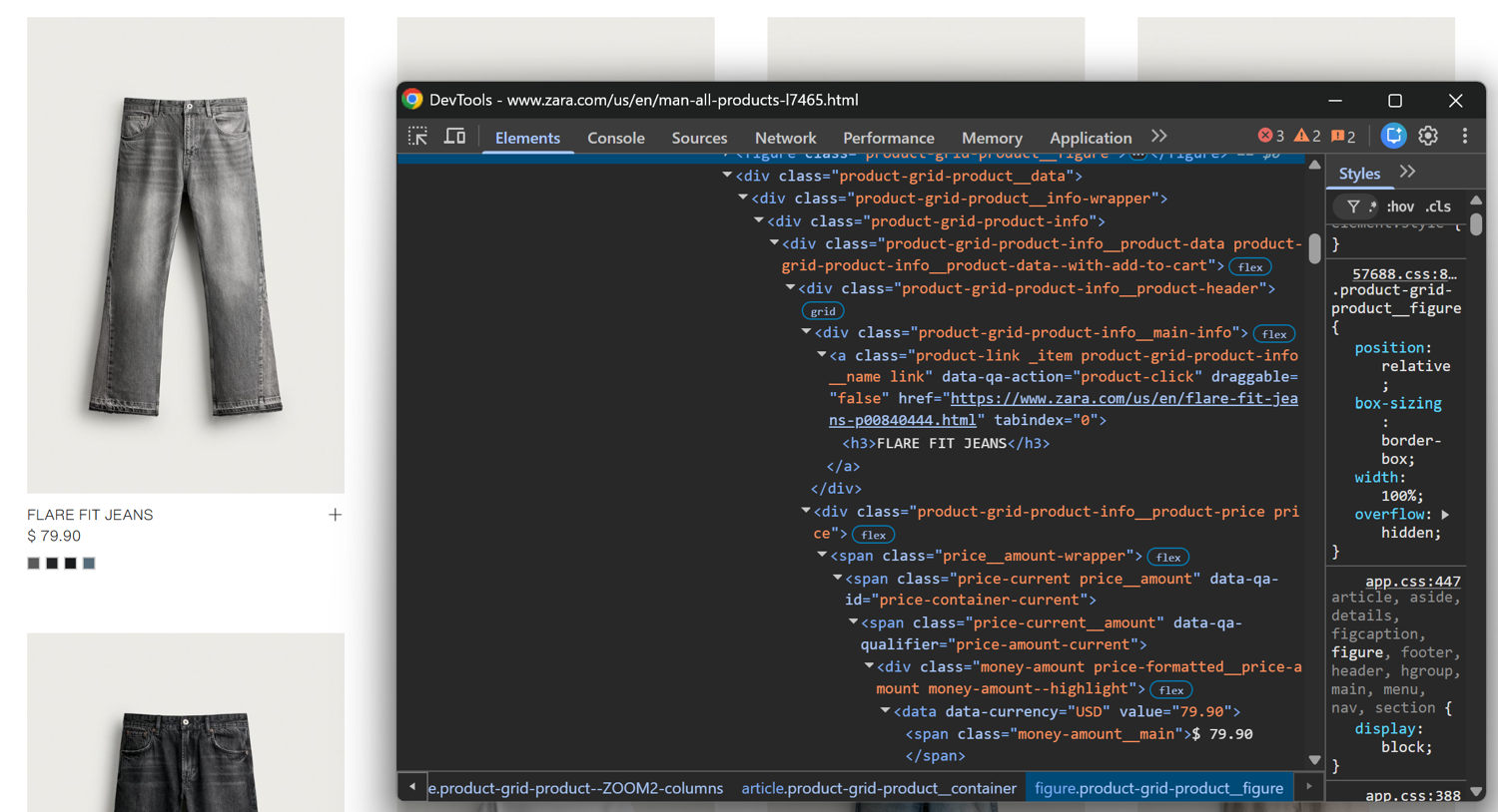 Inspecting the DOM structure of a single product card HTML element
