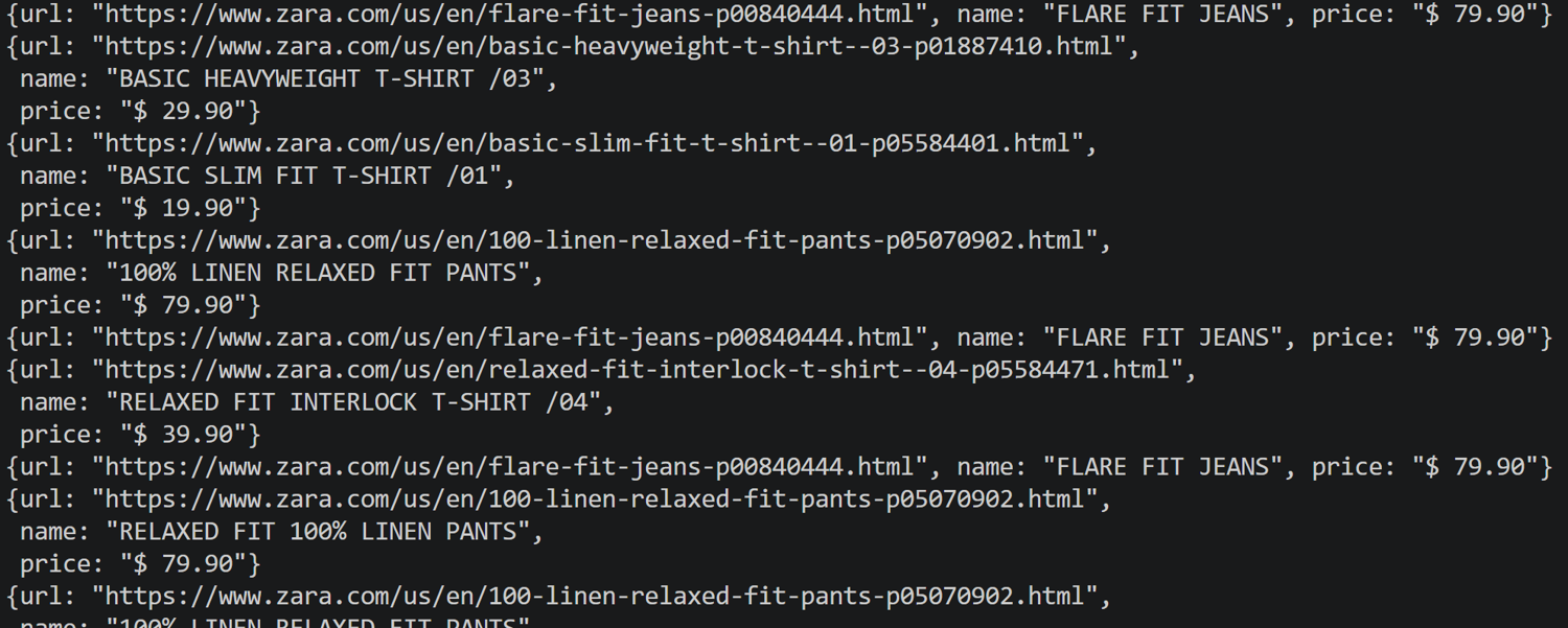 Printing the scraped data in the products array