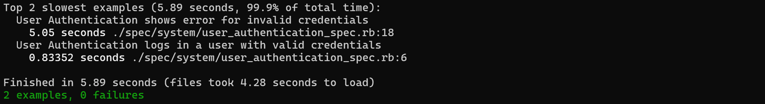 The output of the “bundle exec rspec spec/system/” command. Note that both tests passed.