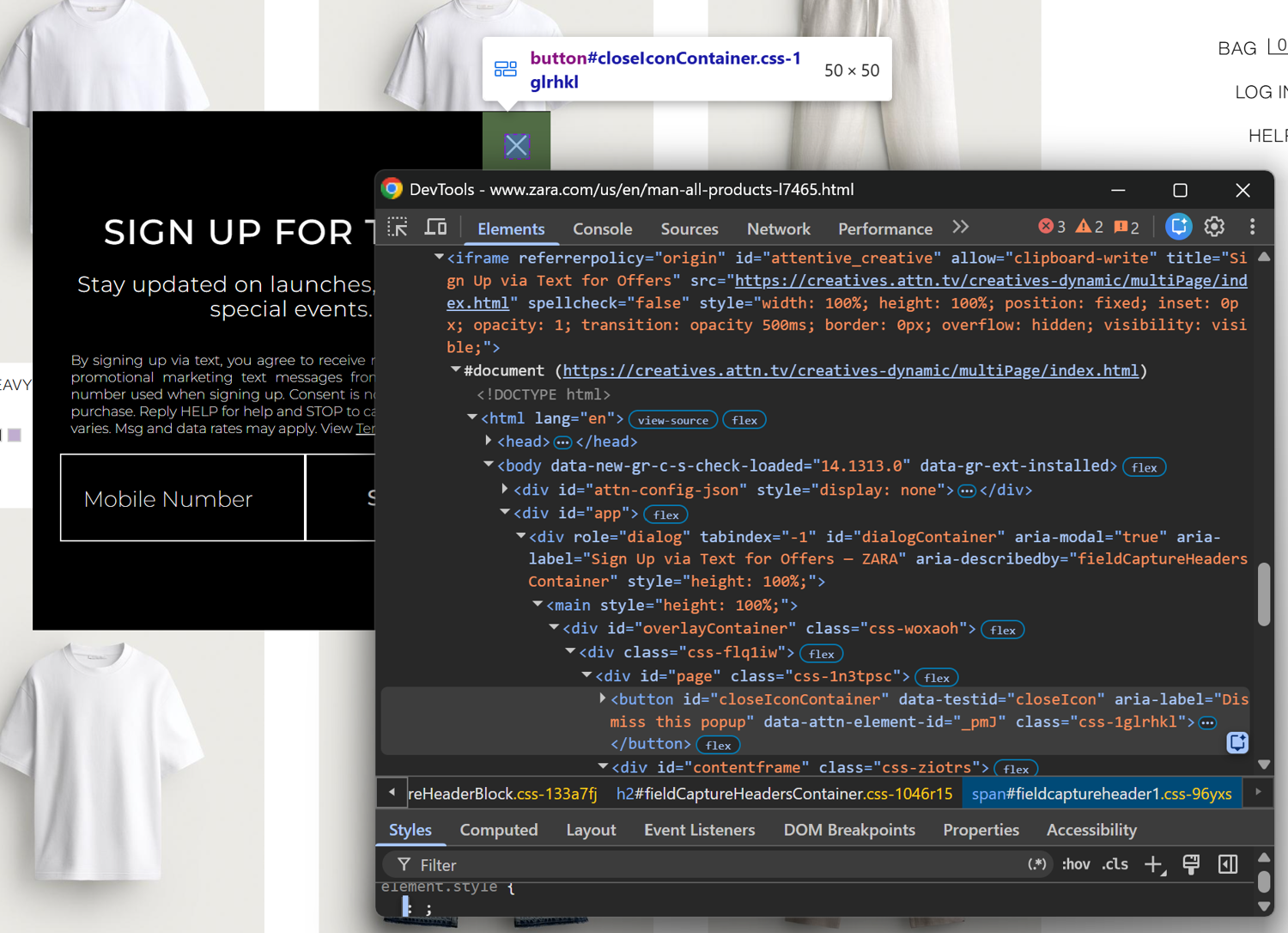 Note that the text signup popup is in an iframe and that the close button can be selected with “#closeIconContainer”