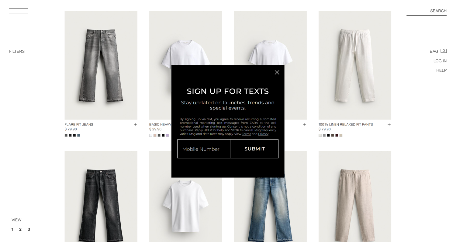 Note the “Sign up for texts” popup