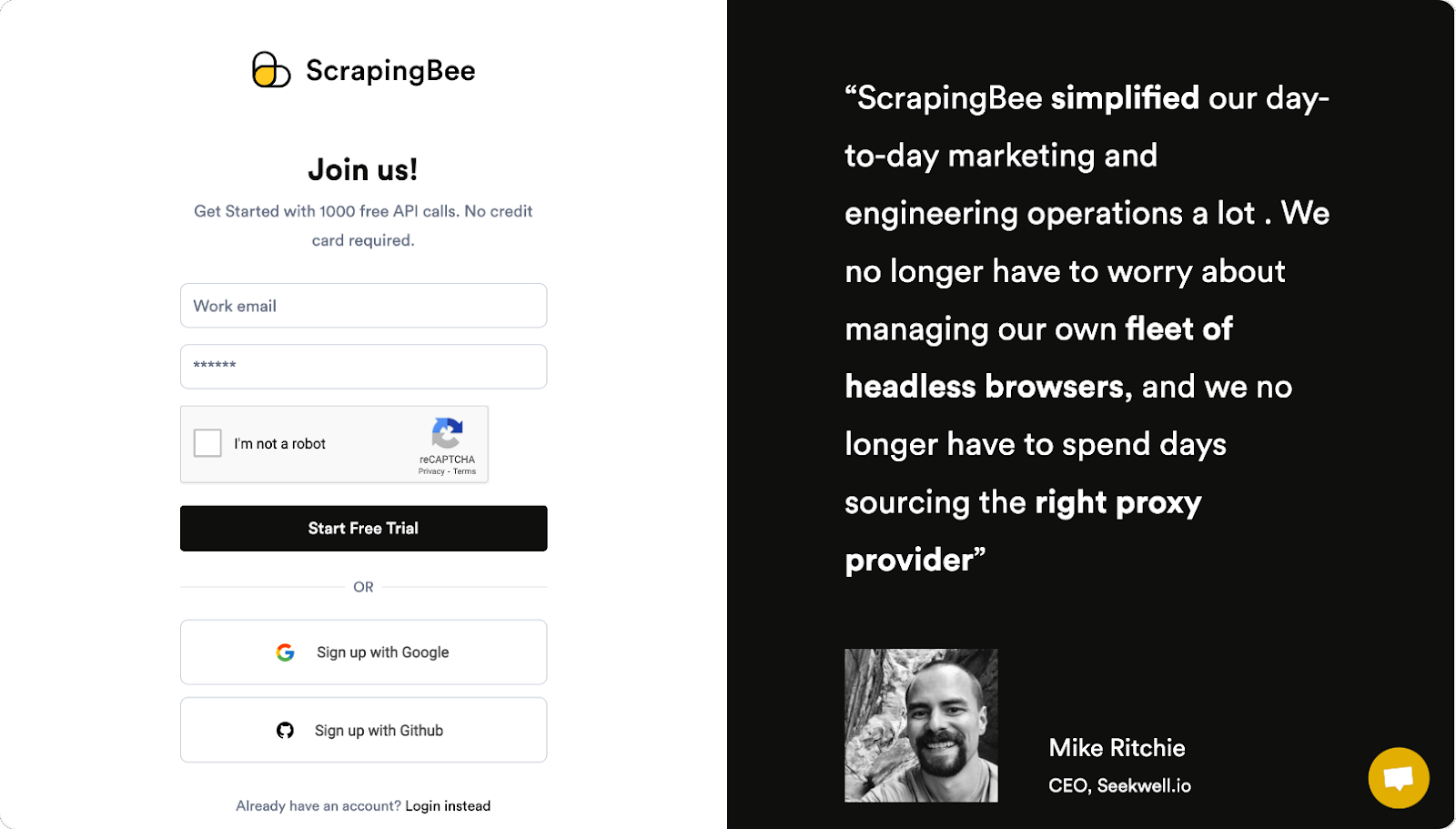 ScrapingBee signup page
