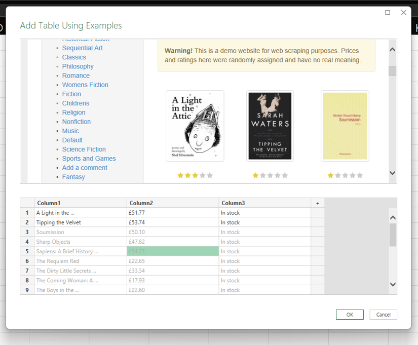 Power Query Add Table Using Examples dialog