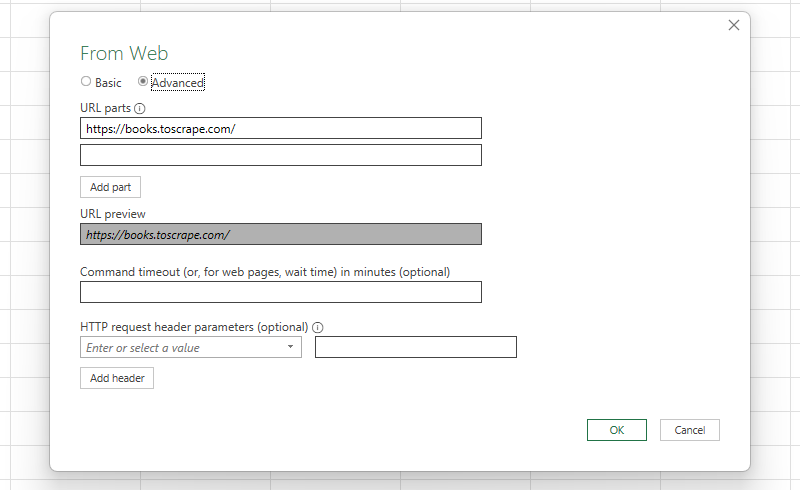 Power Query From Web Advanced dialog with URL parts and header parameters