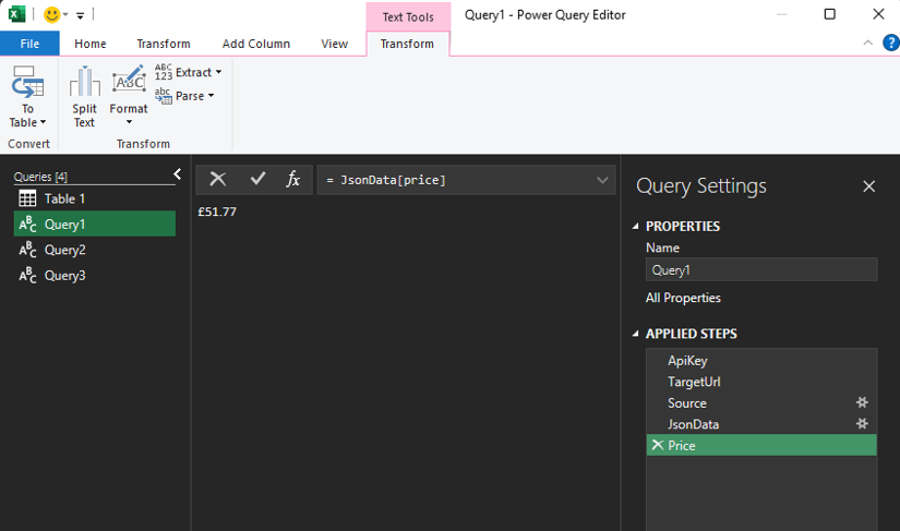 Power Query Applied Steps panel showing the extracted price