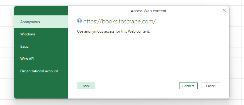 Power Query Access Web content dialog listing Anonymous, Windows, Basic, Web API, and Organizational account authentication methods