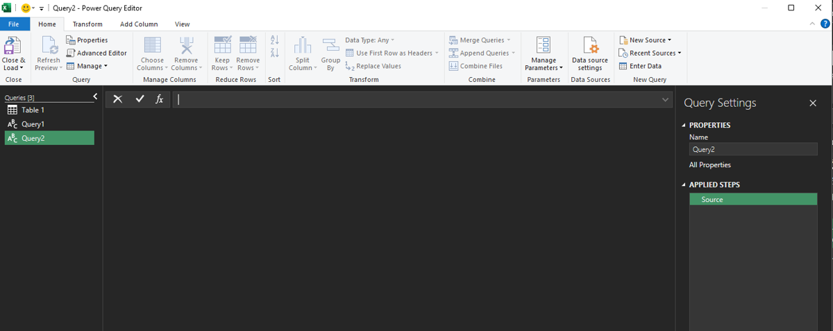 Power Query Editor with a new blank query open