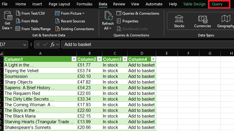 Excel Data ribbon with the Query tab highlighted