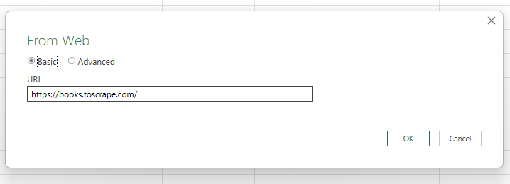 Power Query From Web dialog box with a URL field