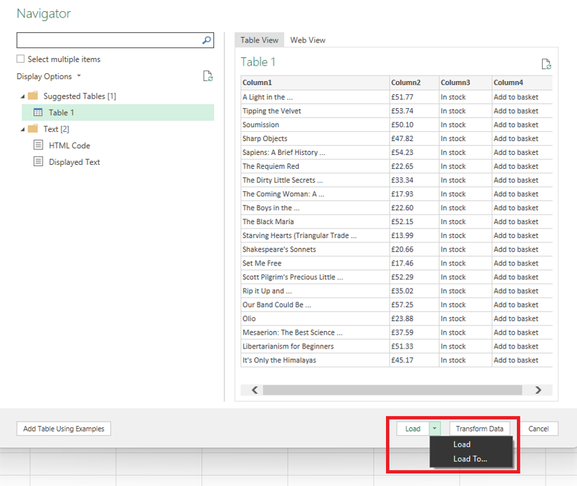 Power Query Navigator with the Load dropdown highlighted