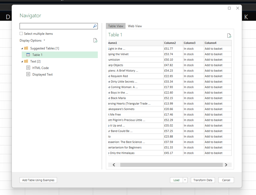 Power Query Navigator window previewing a detected table