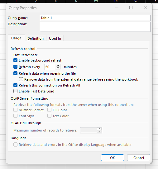 Power Query Properties dialog with refresh options